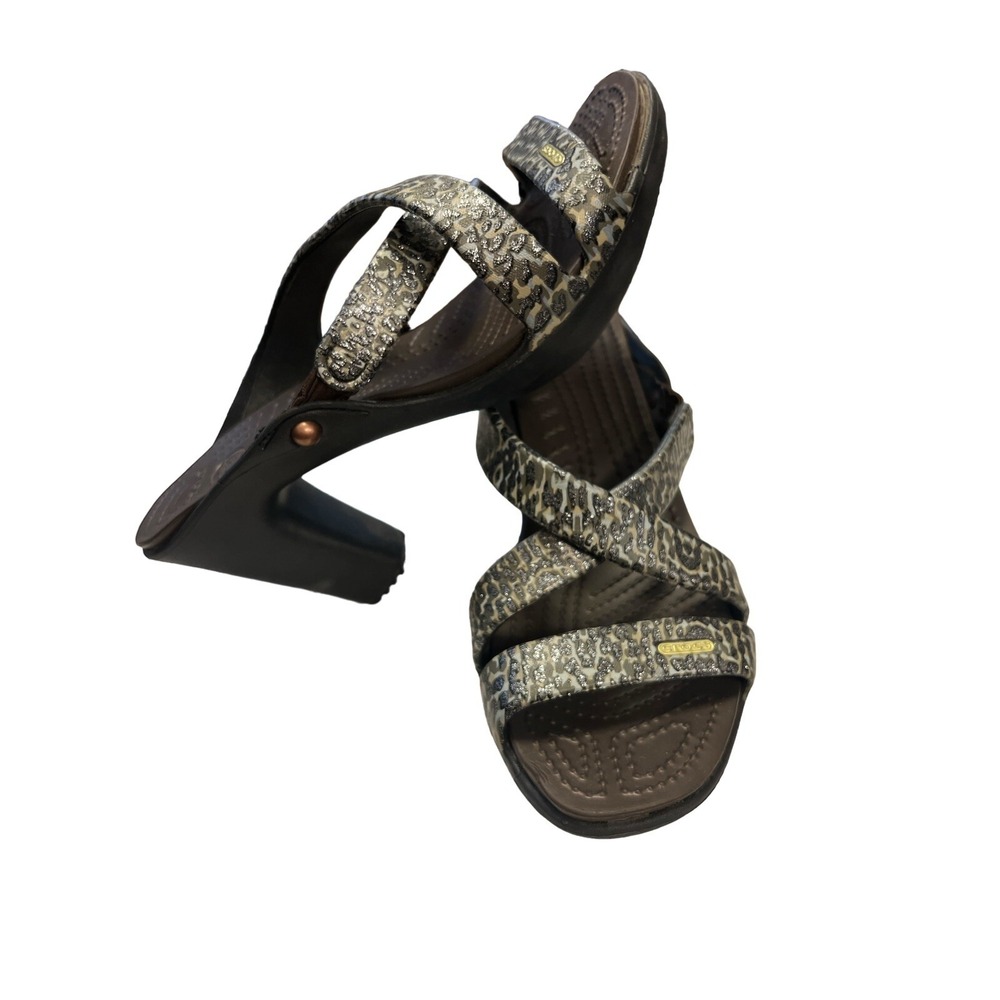 Crocs Women's Size 9‎ Cyprus IV Sparkle Leopard Heels Sandals Brown Black